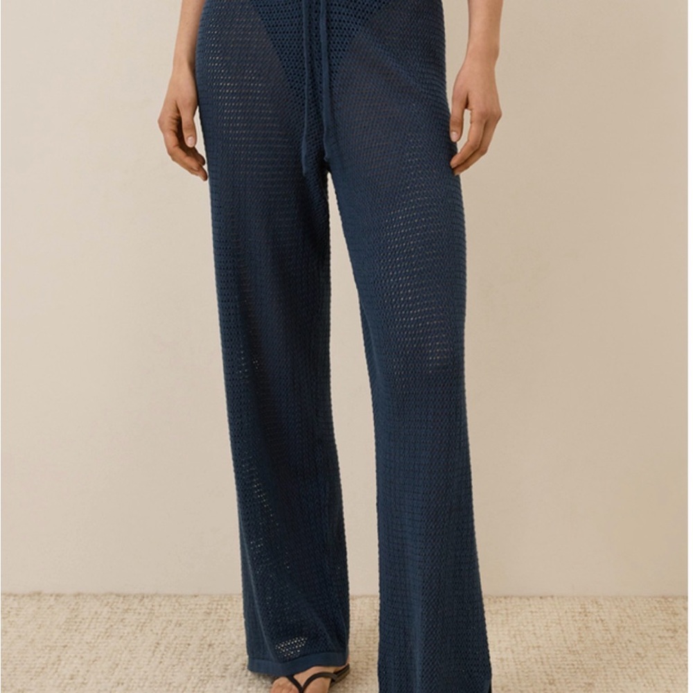 Women's French Navy Beachside Linen Crochet Pant L